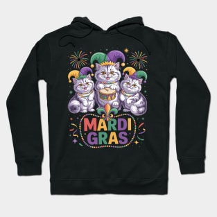 Mardi Gras Three Cute British Longhair Cats Masked Beads Hoodie